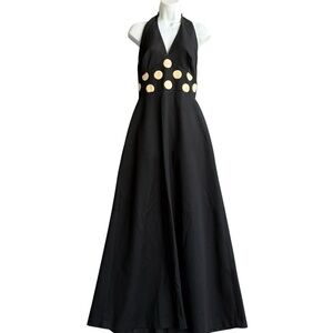 Vintage 60s GAY GIBSON Halter Maxi Dress Women's S Polka Dot Black